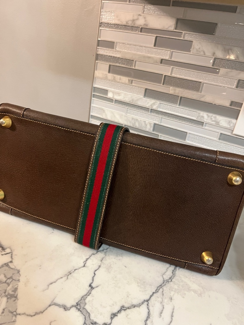 🦋Ultra Rare🦋 Gucci Brown Leather Duffel with Sherry Line Stripe - Picture 7 of 11